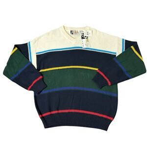 🆕 Jantzen Sport 100% Cotton Sweater Striped Navy Green Ivory Mens Size L NWT